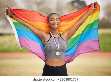 Rainbow flag, pride and portrait of a woman outdoor after winning a race, marathon or competition. Happy, smile and lesbian female athlete with lgbtq fabric for gay rights, equality or celebration. - Powered by Shutterstock