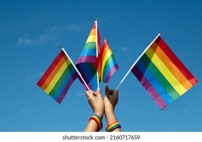Rainbow flags showing in hands against clear bluesky, copy space, concept for calling all people to support and respcet the genger diversity, human rights and to celebrate lgbtq+ in pride month.