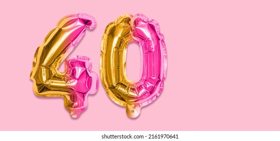 Rainbow Foil Balloon Number, Digit Forty On A Pink Background. Birthday Greeting Card With Inscription 40. Anniversary Concept. Top View. Numerical Digit. Celebration Event, Template. Banner.