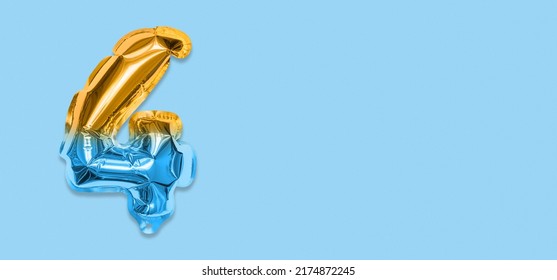Rainbow foil balloon number, digit four on a blue background. Birthday greeting card with inscription 4. Top view. Numerical digit. Celebration event, template. Banner. - Shutterstock ID 2174872245
