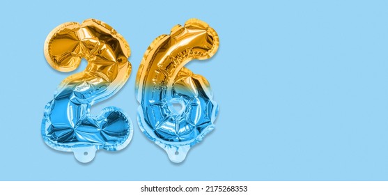 Rainbow Foil Balloon Number, Digit Twenty Six On A Blue Background. Birthday Greeting Card With Inscription 26. Top View. Numerical Digit. Celebration Event, Template. Banner