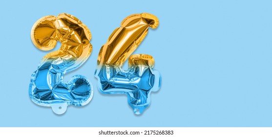 Rainbow Foil Balloon Number, Digit Twenty Four On A Blue Background. Birthday Greeting Card With Inscription 24. Top View. Numerical Digit. Celebration Event, Template. Banner