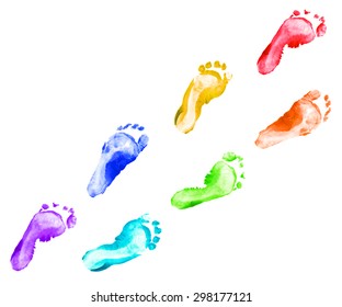 Rainbow Foot Prints Kid Set Isolated On White Background For Art Education, Top View.