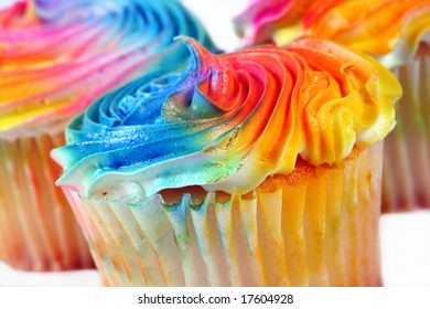 Rainbow Frosted Cupcakes At An Angle