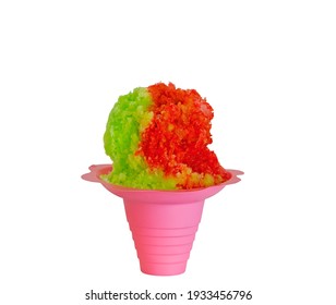 Rainbow Hawaiian Style Shave Ice, Shaved Ice Or A Snow Cone In A Pink Flower Shaped Cup.