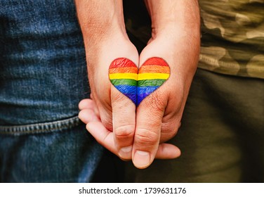 Rainbow Heart Drawing On Hands, LGBTQ Love Symbol, Gay Couple Hand In Hand, Lovers