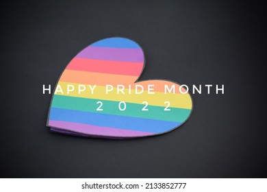 Rainbow heart which has texts 'Happy  Pride Month 2022 ' , concept for lgbt celebrations in pride month, June, all over the world.