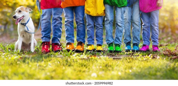 Rainbow kids shoes. Children and dog play outdoor in sunny autumn park. Hiking footwear for fall walk fun. Active child clothing and warm boots. Rain weather wear. Boy and girl fashion. - Powered by Shutterstock