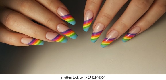 Rainbow Manicure On Long Nails