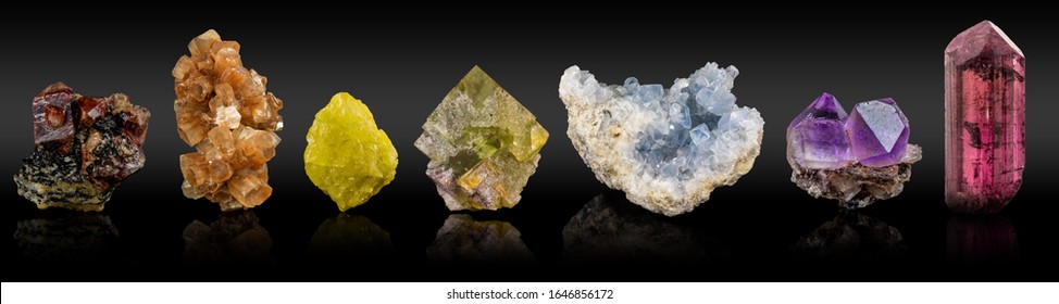 Rainbow mineral collection - red: Zircon, orange: Aragonite, yellow: native Sulphur, green: Fluorite, blue: Celestite, purple: Amethyst, pink: Tourmaline