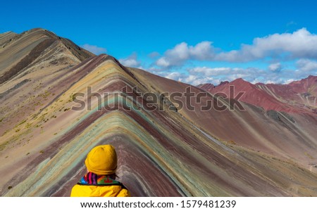 Similar – Woman on the top of the Rainbow Mountain, Peru.