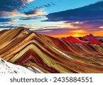 Rainbow mountains or Vinicunca Montana de Siete Colores, Cuzco region in Peru, Peruvian Andes, evening sunset panoramic view
