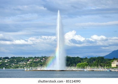 Rainbow on the water fountain Jet D'eau on Lake Geneva, Switzerland
