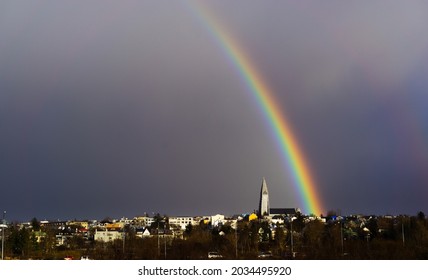 Rainbow Over Hallgrímskirkja In Reykjavík