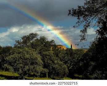 Rainbow over country house and forest of trees on cloudy day