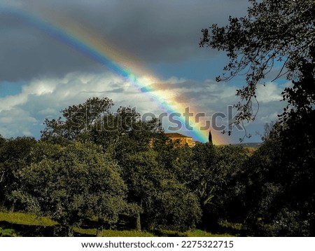 Rainbow over country house and forest of trees on cloudy day