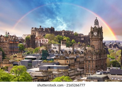 Rainbow over Edinburgh castle, view from Calton hill, Scotland - Shutterstock ID 2165266777