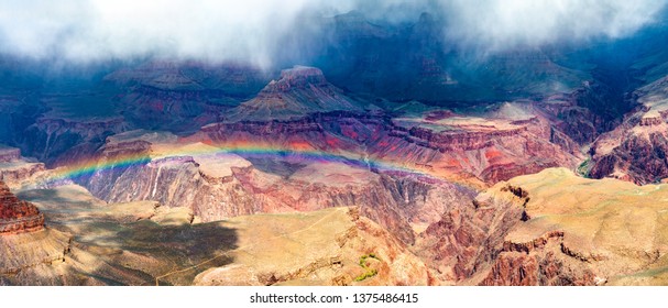 Rainbow Over The Grand Canyon From The South Rim. Arizona, United States