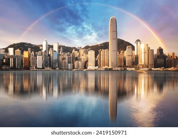 Rainbow over Hong Kong skyline at sunset - Powered by Shutterstock