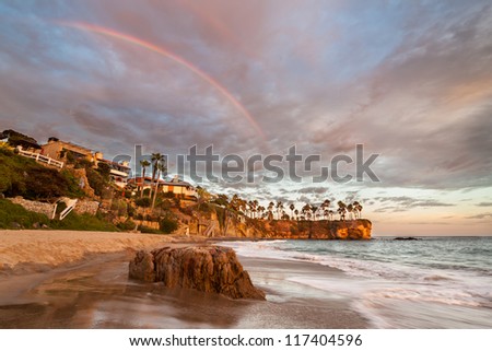 Rainbow over Southern Californian Beach.