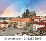 Rainbow over Zerny trh square in the old town of Brno - Moravia, Czech Republic