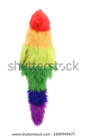 rainbow parrot puppet doll plaything for kids isolated on white background. child soft toys collection. top view character puppet. colorful parrot.