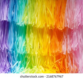 Rainbow. Pride Month. DIY Tissue Paper Tassel Garland Closed up texture for party backdrop. Pattern of pastel rainbow color.