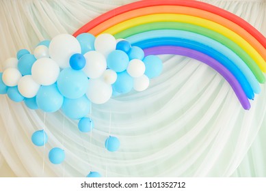 Rainbow And Rain Of Balloons