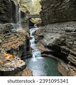 rainbow ralls at watkins glen state park (waterfall in a gorge with stone bridge, staircase, glacial layered rock formation) falling water, stream, autumn colors, leaves changing, fall foliage