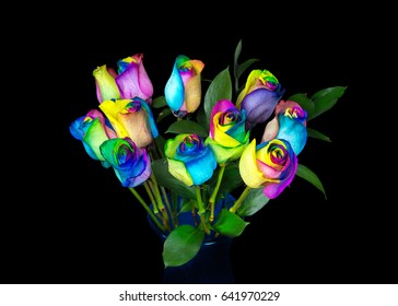 Rainbow Rose Bouquet In Vase Isolated On Black