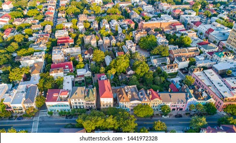 Rainbow Row In Charleston South Carolina SC Drone Skyline Aerial