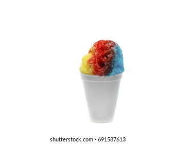 Rainbow Shaved Ice, Shave Ice Or Snow Cone In A White Cup With A White Background.