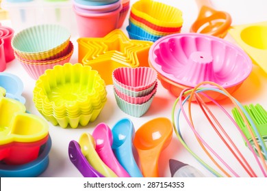 Rainbow Silicone Confectionery Utensils On A White Background