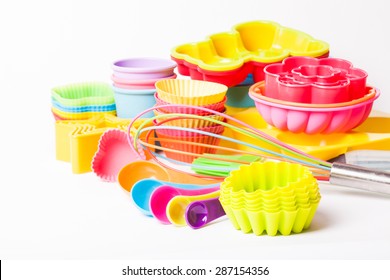 Rainbow Silicone Confectionery Utensils On A White Background