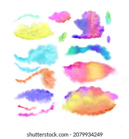 Rainbow Smoke Design Set. Explosion Of Colored Smoke Cloud Set. Rainbow Smoke Isolated On White Background.