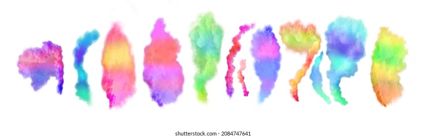 Rainbow Smoke Design Set. Explosion Of Colored Smoke Cloud Set. Rainbow Smoke Isolated On White Background.