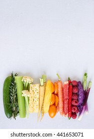 Rainbow Spectrum Gradient Of Healthy Fresh Fruit And Vegetables,  Colourful Food Background