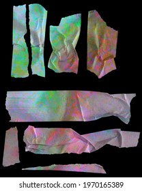 Rainbow sticker set with teared edges. Crumpled pieces of neon cloth gaffer tape isolated on black background. 