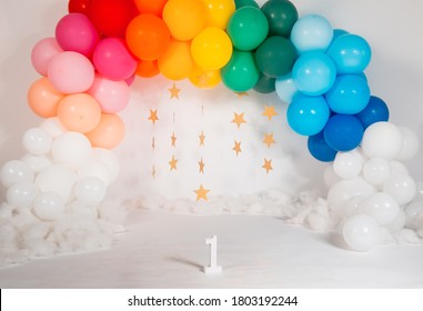 Rainbow Theme Balloons Arch For First Birthday Shoot