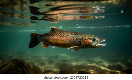 Rainbow trout swimming in natural underwater habitat, shallow depth of field. - Powered by Shutterstock