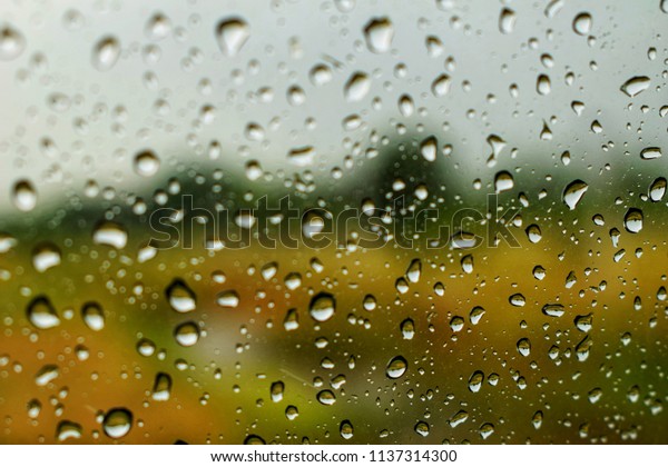 Raindrop on the\
car mirror with nature\
outside.