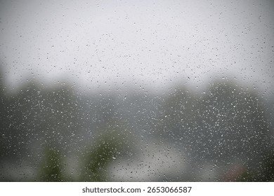 Raindrops cling to a window, blurring the view of trees and a gray sky beyond, creating a moody, atmospheric scene.