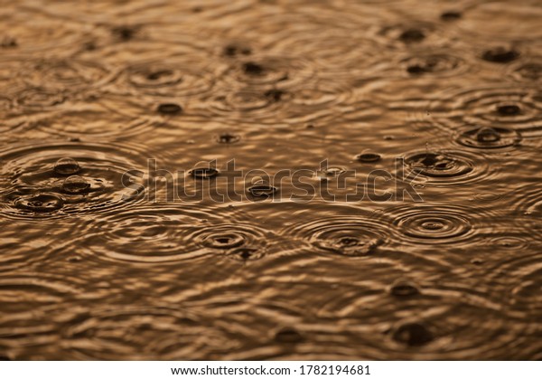 Raindrops fall into puddles forming an\
abstract background.