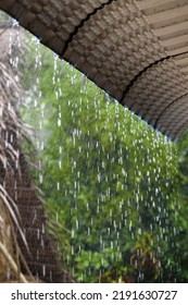 Raindrops Falling From The Metal Roof. Summer Rain. 