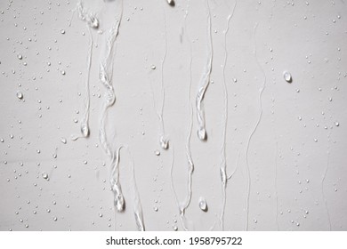 The raindrops fell on the white wall, and the raindrops were seen flowing in a long way.