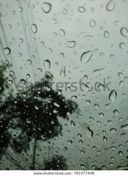 Raindrops on car glass. View from the inside\
of the car with a gray sky\
background.