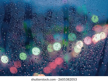 Raindrops on a window with blurred bokeh city lights in the background, capturing a moody and atmospheric night scene. Perfect for themes of nostalgia, romance, or solitude.