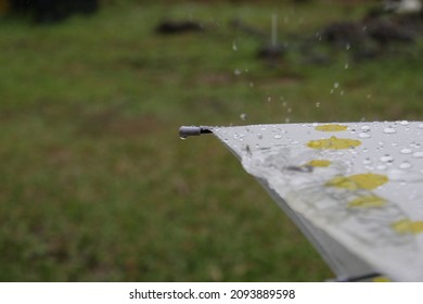 Raindrops On A Yellow Polka Dot Umbrella.