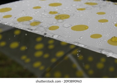 Raindrops On A Yellow Polka Dot Umbrella.