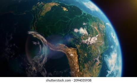 Rainforest of Amazon in South America from the space view, realistic planet Earth rotation - Shutterstock ID 2094035938
